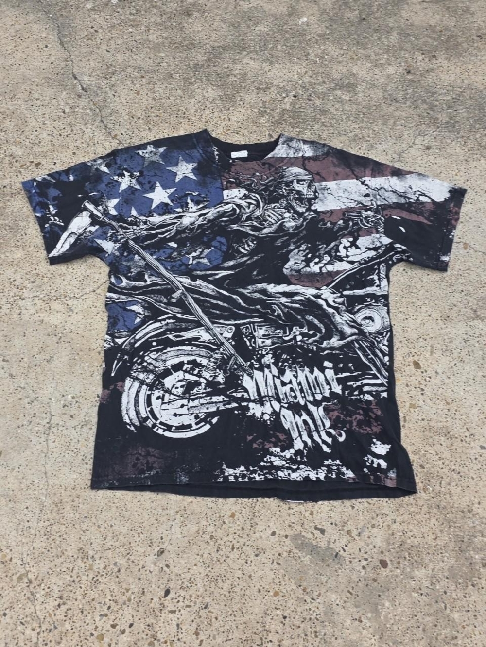 VTG Y2K Miami Ink Skeleton Biker American Flag AOP Shirt Large Biker Punk